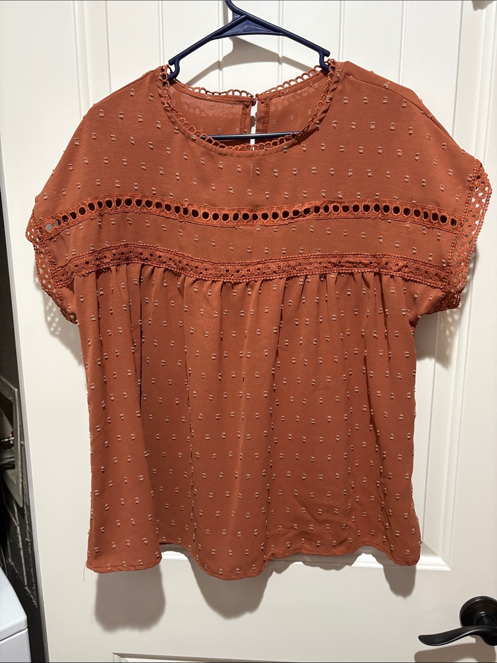 Womens Rust Eyelet Lace Trim Short Sleeve Blouse